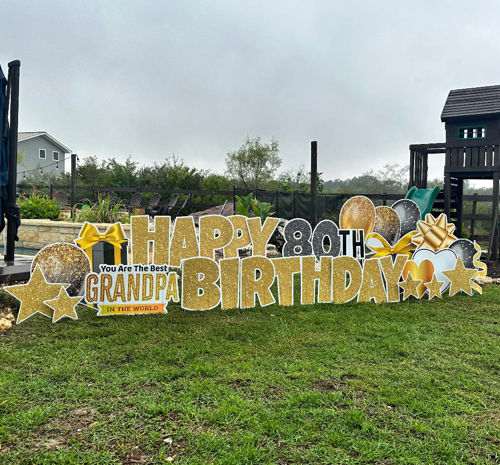 Custom birthday yard sign with colorful graphics