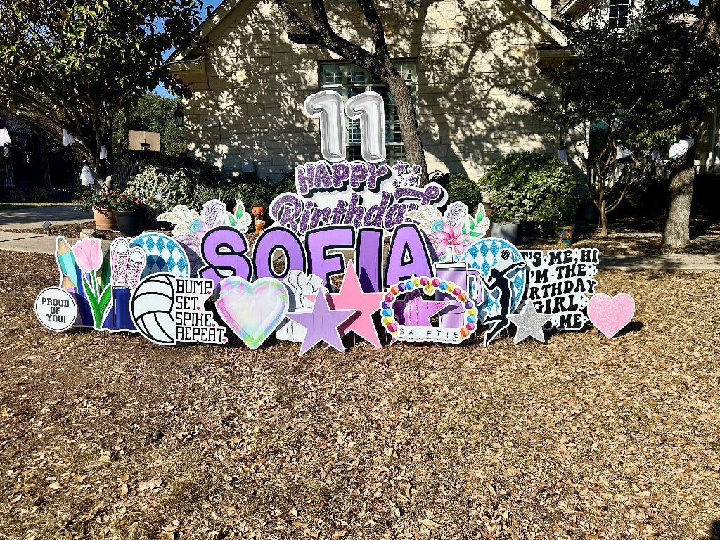 Custom birthday yard sign with colorful graphics