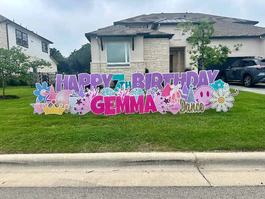 Custom birthday yard sign with colorful graphics