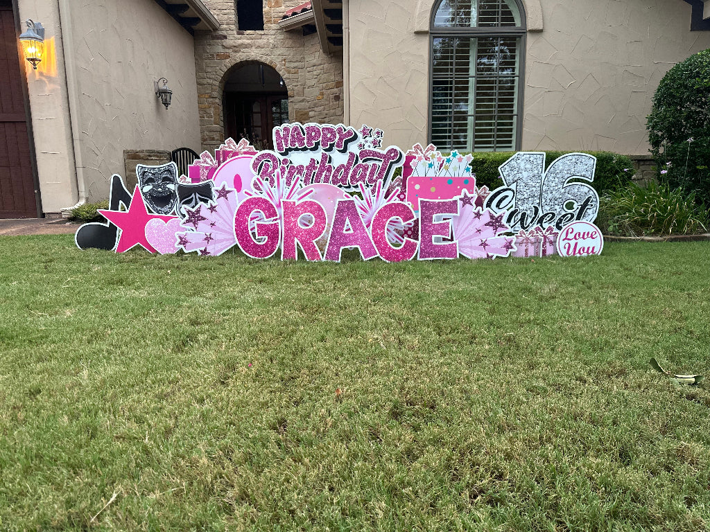 Custom birthday yard sign with colorful graphics