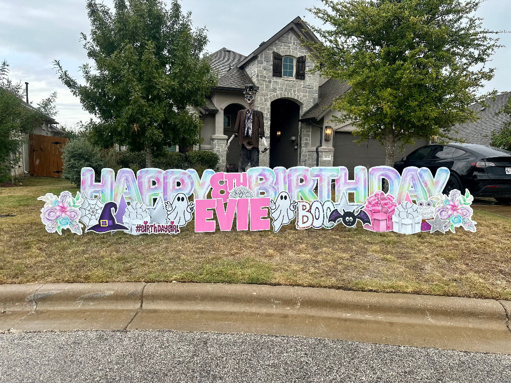 Custom birthday yard sign with colorful graphics
